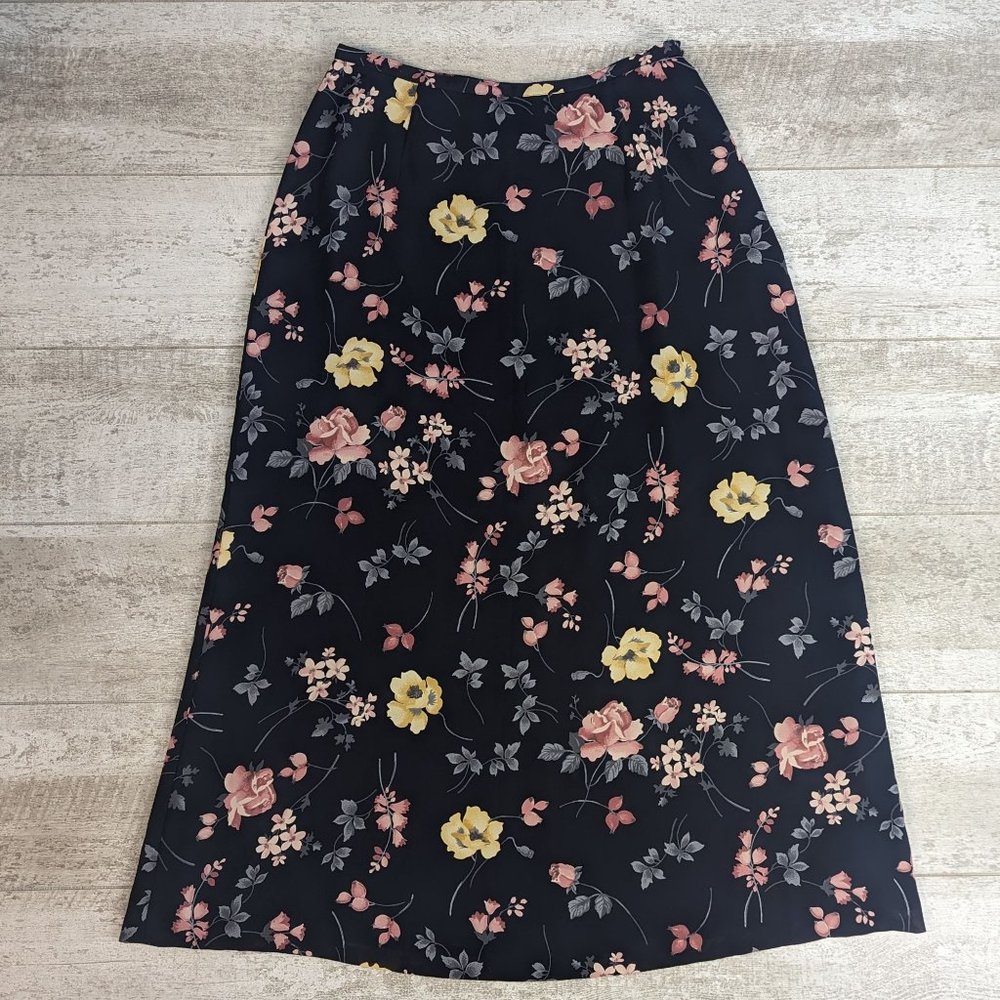 Vintage Chaus Midi Skirt Women's Size 8 Navy Multi Floral Side Zip Fully Lined